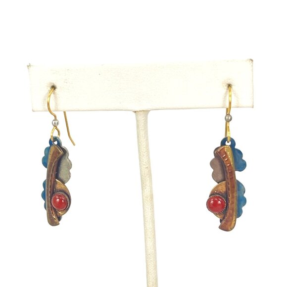 Brass Red Jasper Vintage Boho Dangly Earrings Blue Enamel Hand Made - Picture 2 of 8